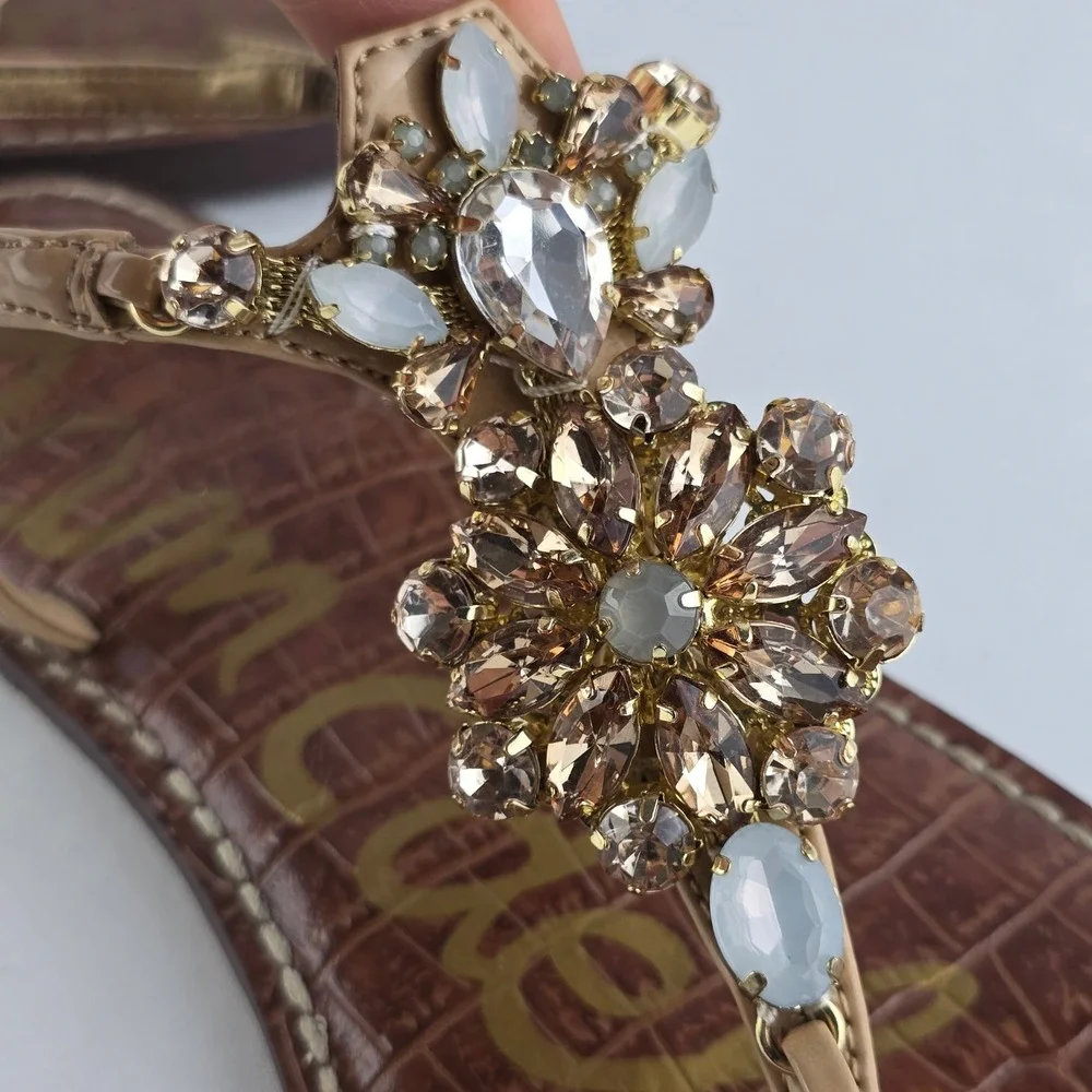 Sam Edelman Grayson Cognac Croc Crystal Embellished Thong Sandals 8M - Picture 4 of 16